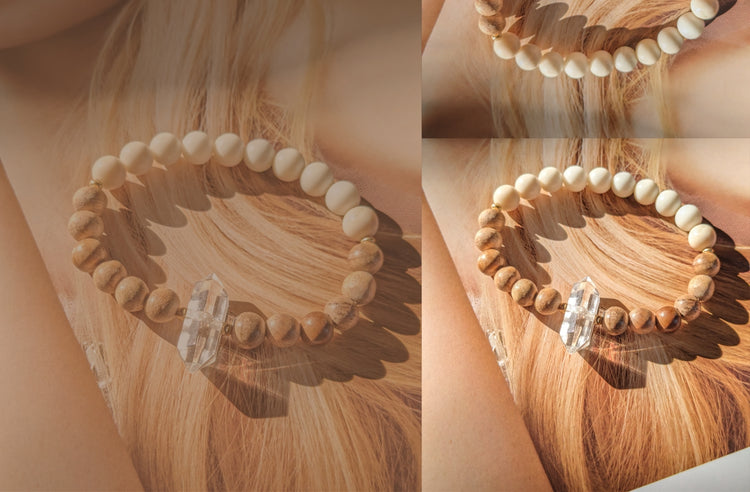 A gorgeous graphic design featuring the Good Energy Crystal bracelet. This bracelet features a double terminated quartz crystal that is showing in the sunlight, and is paired with sandalwood and ivory jade beads.