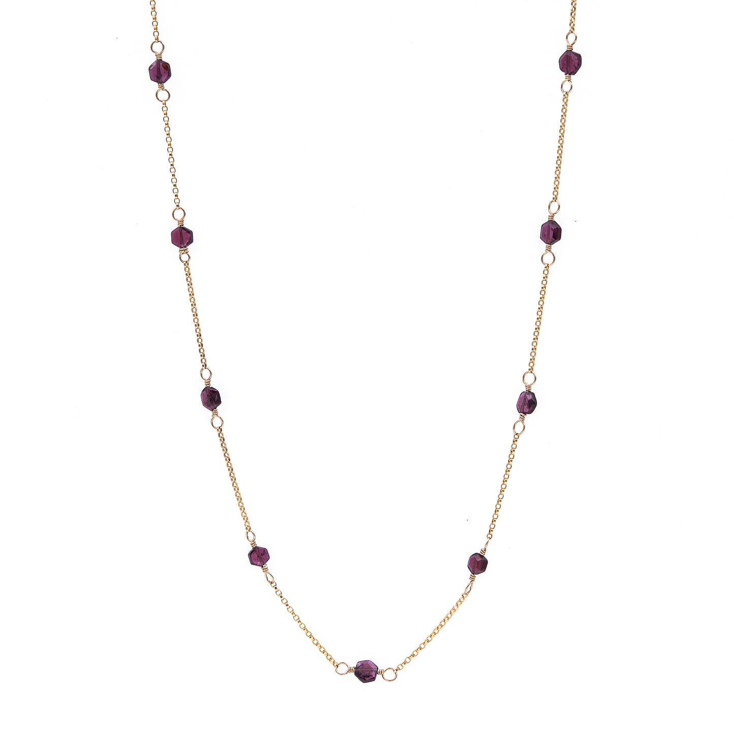 Zurina Ketola Handmade Beaded Gemstone Necklace Featuring Upcycled Garnet Hexagon Beads with 14K Gold Fill Details.