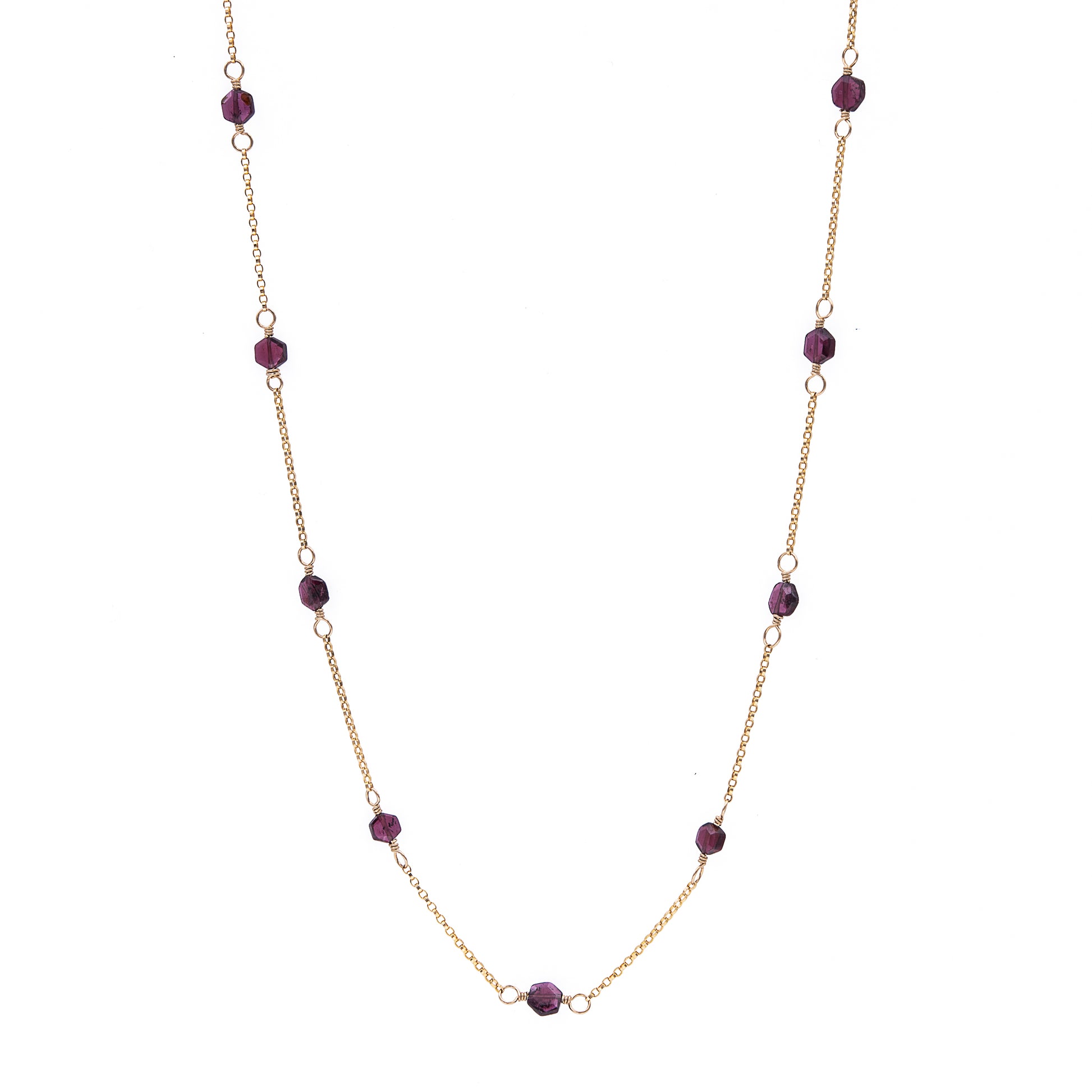 Zurina Ketola Handmade Beaded Gemstone Necklace Featuring Upcycled Garnet Hexagon Beads with 14K Gold Fill Details.