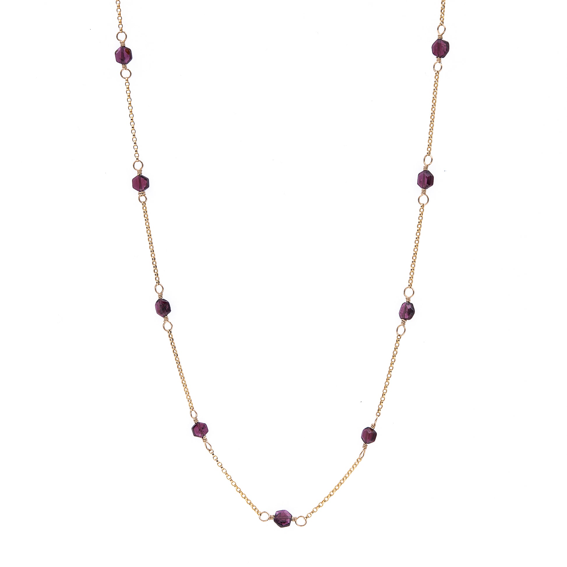 Zurina Ketola Handmade Beaded Gemstone Necklace Featuring Upcycled Garnet Hexagon Beads with 14K Gold Fill Details.  