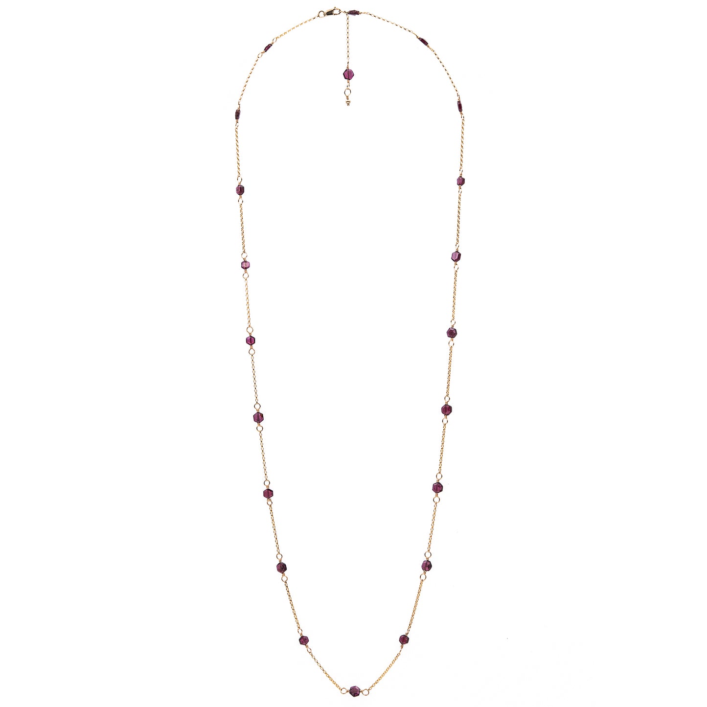 Zurina Ketola Handmade Beaded Gemstone Necklace Featuring Upcycled Garnet Hexagon Beads with 14K Gold Fill Details.