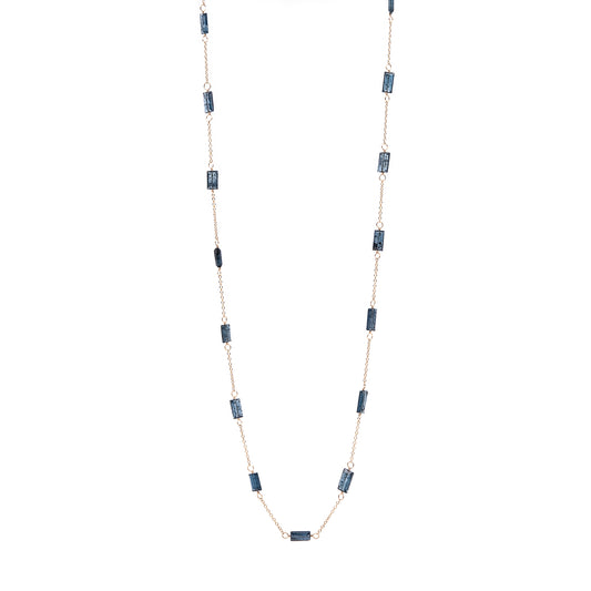 Zurina Ketola long moss aquamarine necklace in 14K gold fill shown long on white background.