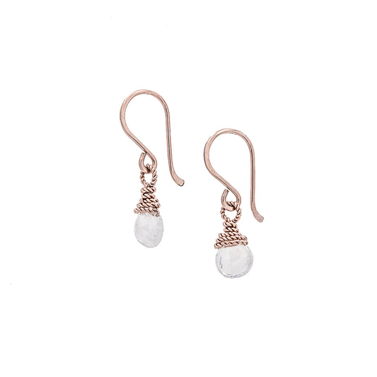 Zurina Ketola Rainbow Moonstone Delicate Drop Earrings in 14K Rose Gold Fill on White Background.