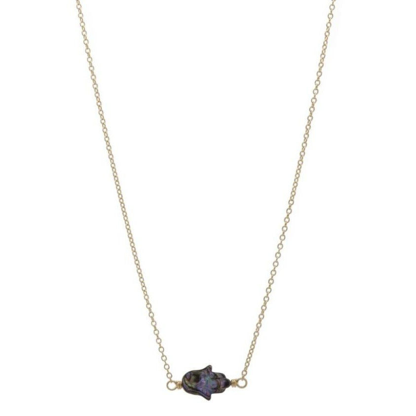 Zurina Ketola Handmade Abalone Necklace. Zurina Ketola Designs Abalone Hamsa Necklace on 14K Gold Fill.