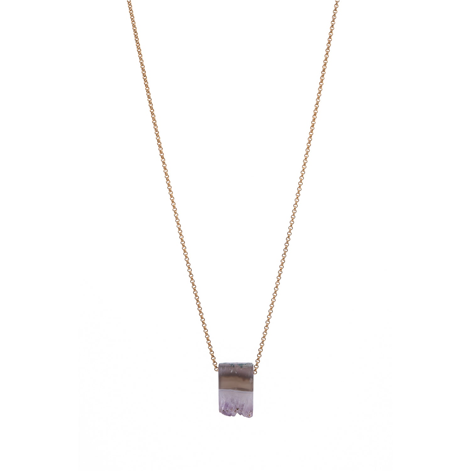 Zurina Ketola Handmade Necklaces. Amethyst Druzy Slice Necklace on Long 14K Gold Fill Rolo Chain.