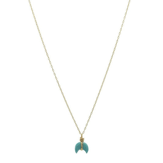 Zurina Ketola Designs Crescent Moon Turquoise Pendant necklace with delicate chain in 14K gold fill on white background