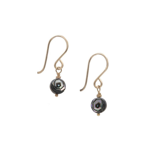 Zurina Ketola Designs Handmade Earrings. Faceted Abalone Disc Earrings in 14K Gold-Fill.