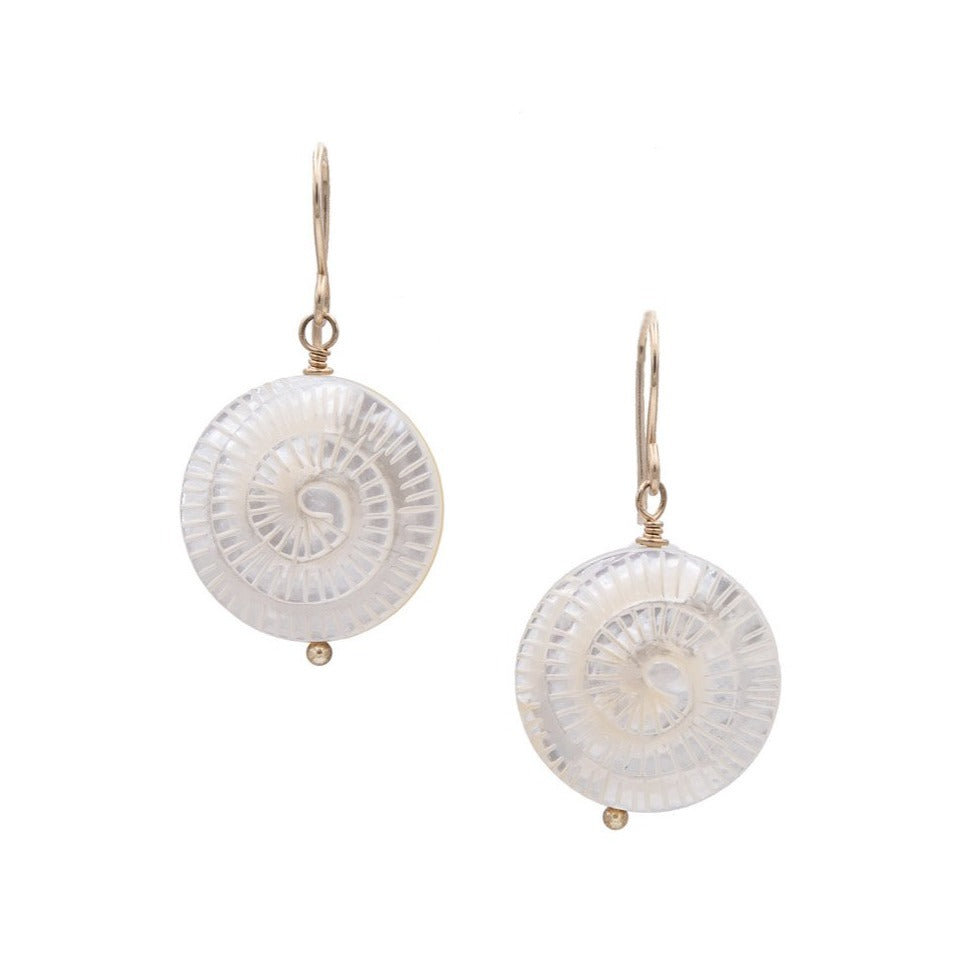 Zurina Ketola Handmade Earrings. Carved Mother of Pearl Spiral Earrings in 14K Gold Fill.
