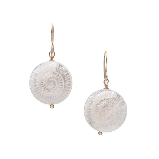 Zurina Ketola Handmade Earrings. Carved Mother of Pearl Spiral Earrings in 14K Gold Fill.