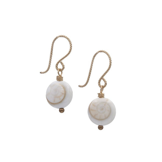 Zurina Ketola Designs Handmade Earrings. Shive Shell Sprial Drop Earrings in 14K Gold-Fill. Spiral Side.