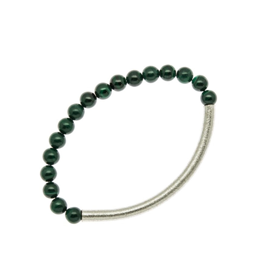 Zurina Ketola Designs stretch malachite mala bangle with silver detail on white background