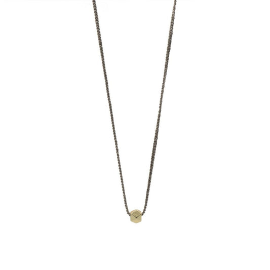 Zurina Ketola signature silk crochet necklace in light gray with gold plate with 14K gold fill details on white background