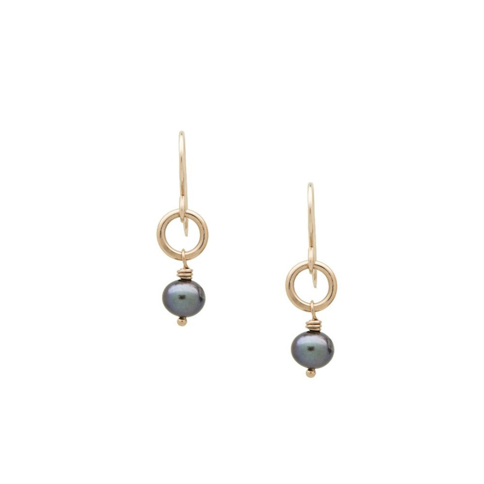 Zurina Ketola Designs free form freshwater pearl drop earrings in 14K rose gold fill on white background