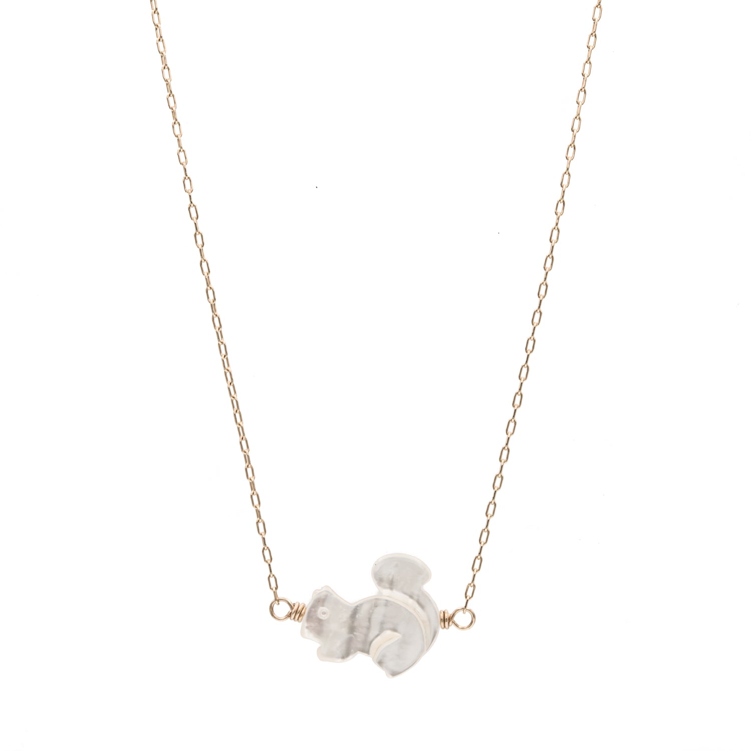 Zurina Ketola Designs carved mother of pearl squirrel necklace in 14K gold fill.
