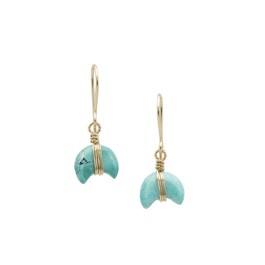 Zurina Ketola Designs Crescent Moon Turquoise Drop Earrings in 14K gold fill on white background