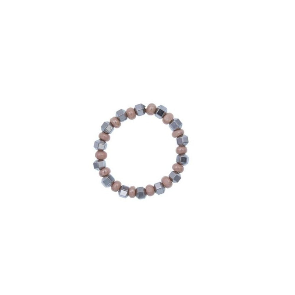 Zurina Ketola Beaded Ring. Stretch Ring with Blush Seed Beads and Silver Plated Hematite.
