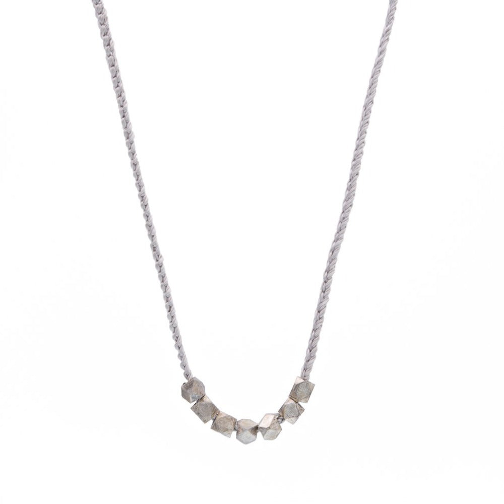 Zurina Ketola Crochet Silk Abacus Necklace on Light Gray Silk in Silver. Silk Jewelry.