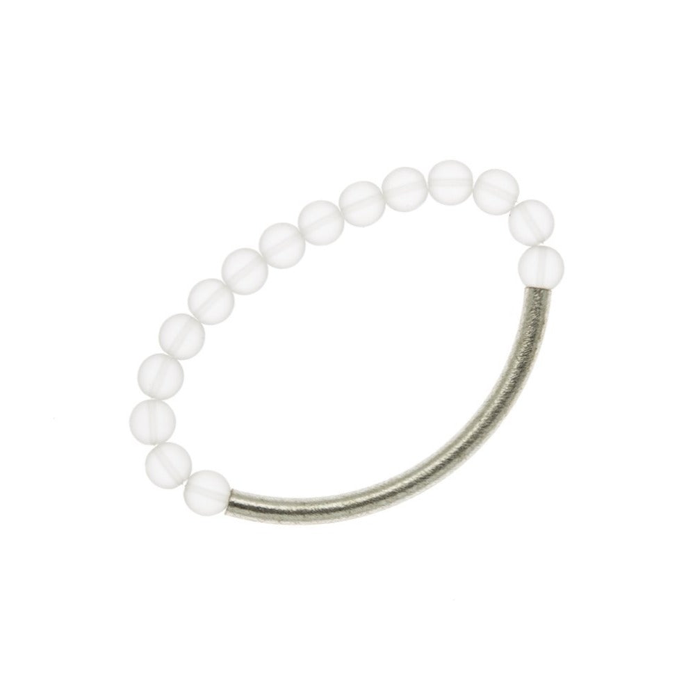 Zurina Ketola stretch matte quartz mala bangle with silver detail on white background