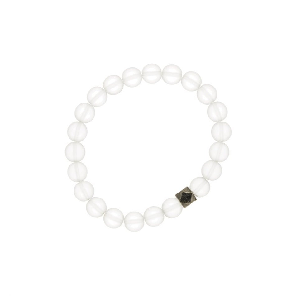 Zurina Ketola stretch mala inspired bracelet featuring matte quartz and gunmetal geometric copper detail