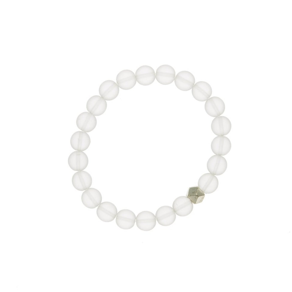 Zurina Ketola stretch mala inspired bracelet featuring matte crystal and silver plated geometric copper detail