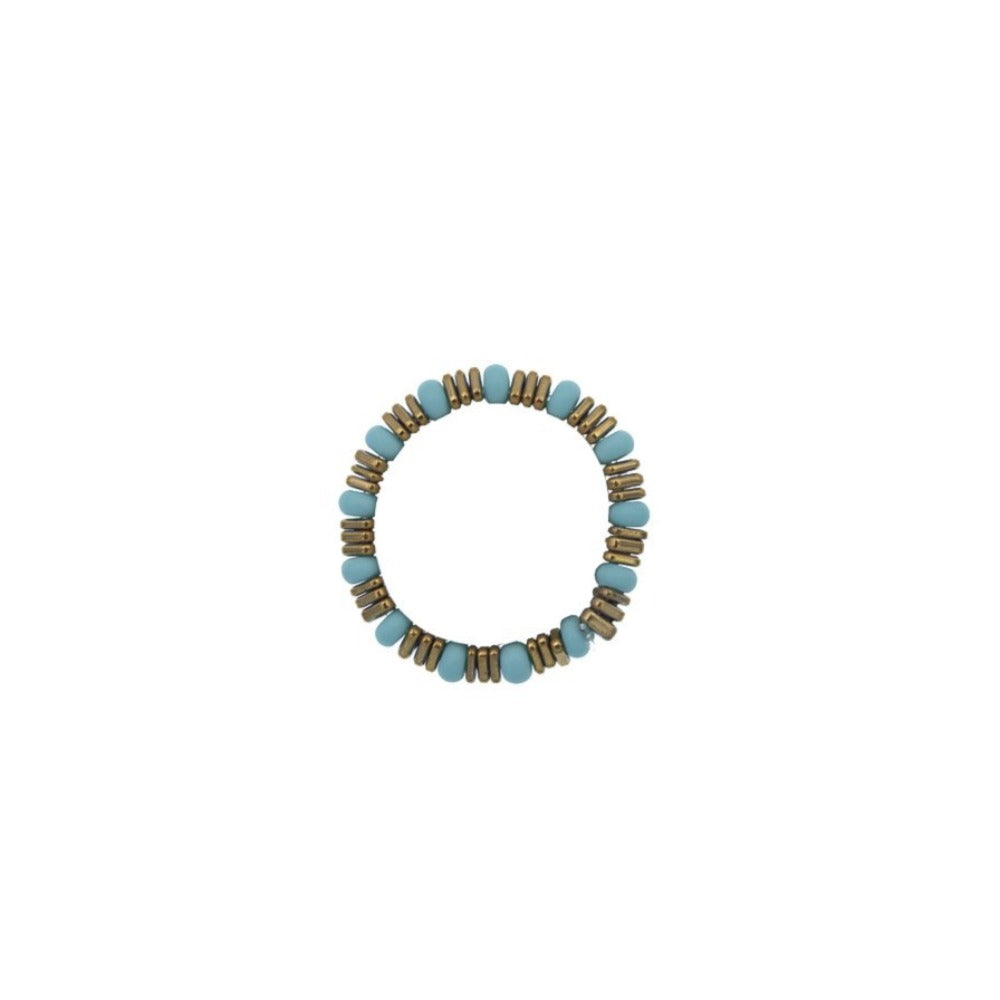 Zurina Ketola Beaded Ring. Stretch Ring with Turquoise Seed Beads and Plated Hematite.
