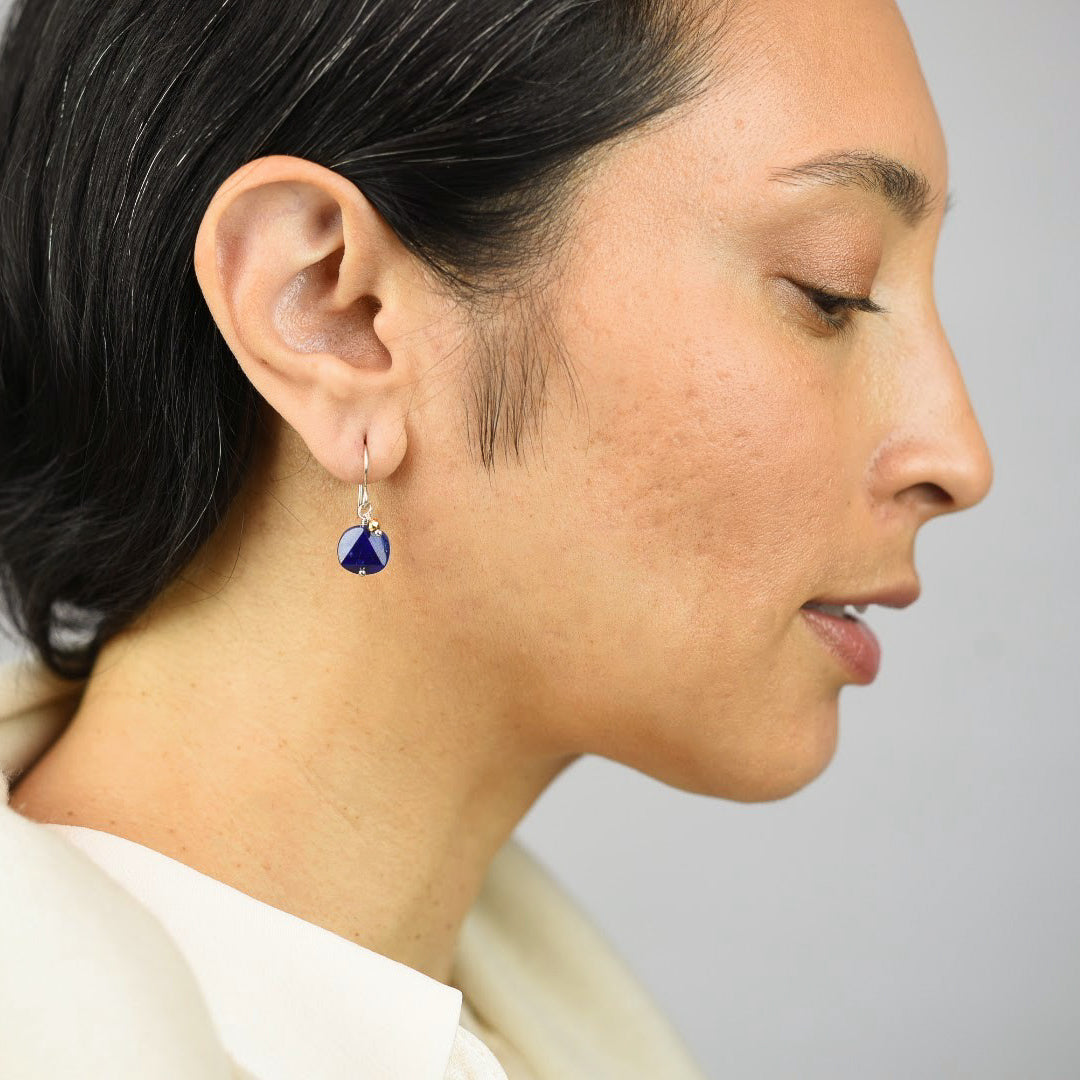  Close up image of a model wearing sterling silver Mix Metal Lapis Drop Earrings from Zurina Ketola