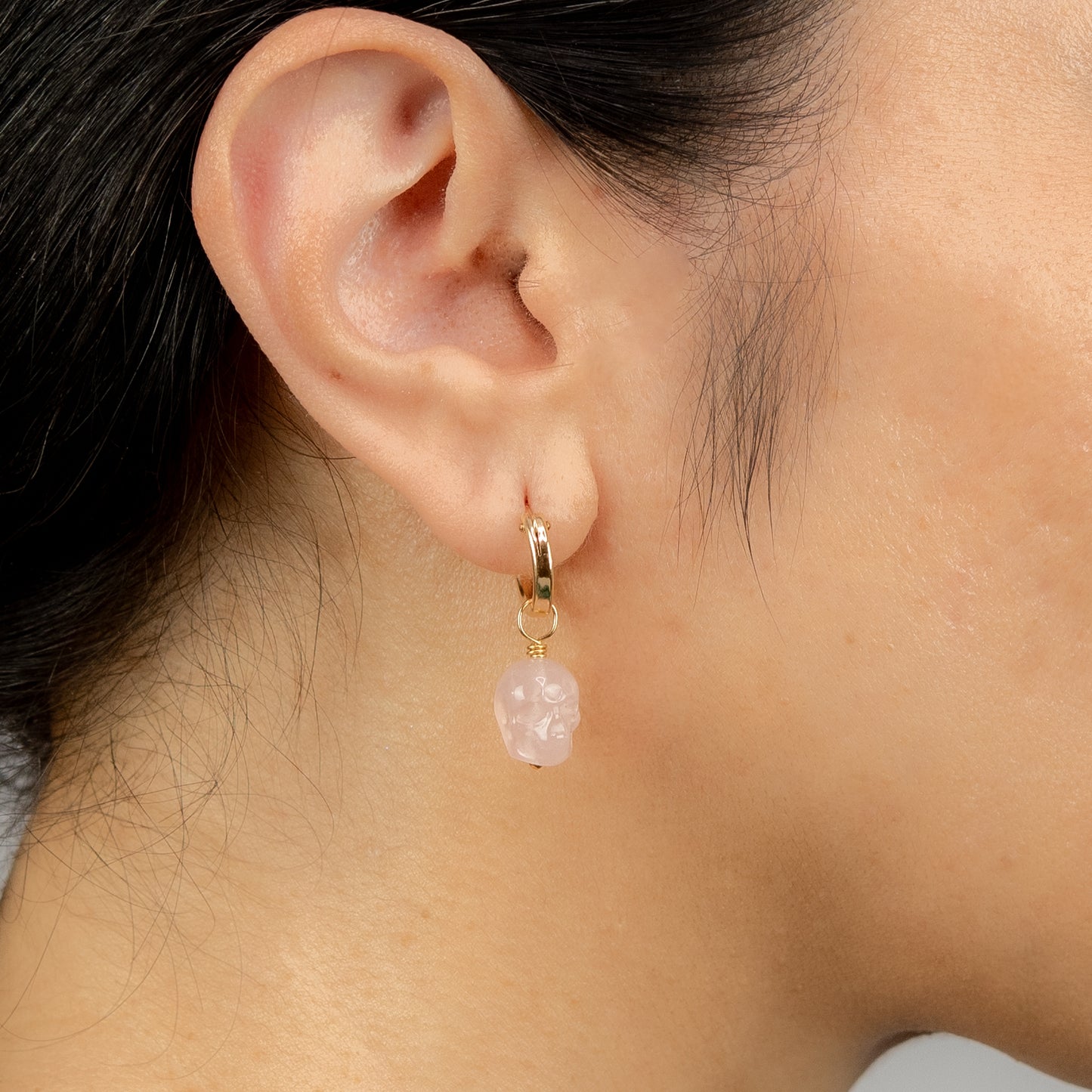 Rose Quartz Skull Huggie Hoops