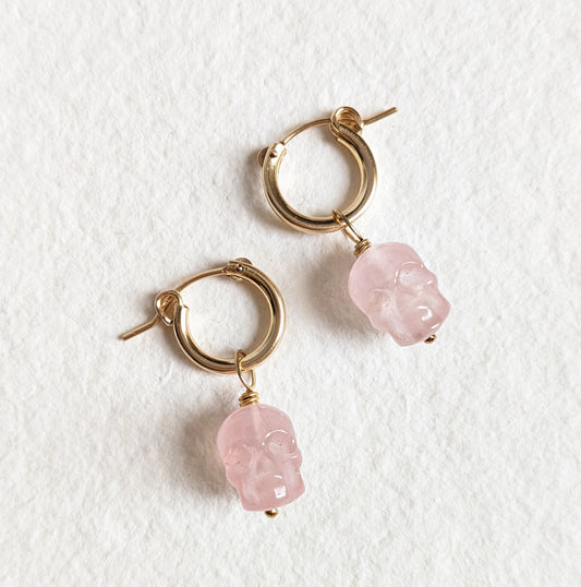 Rose Quartz Skull Huggie Hoops