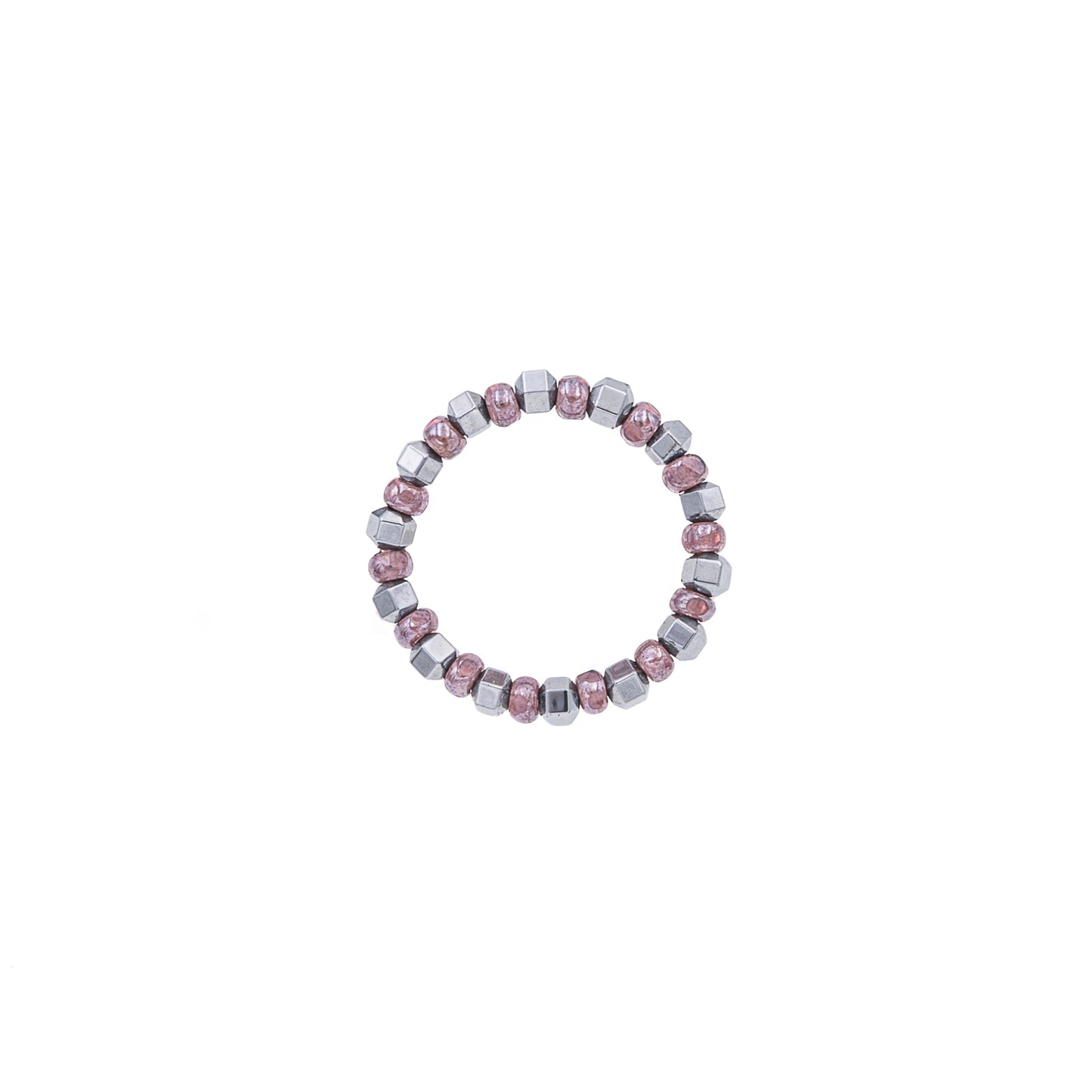 Zurina Ketola Beaded Ring. Stretch Ring with Purple Seed Beads and Silver Plated Hematite.