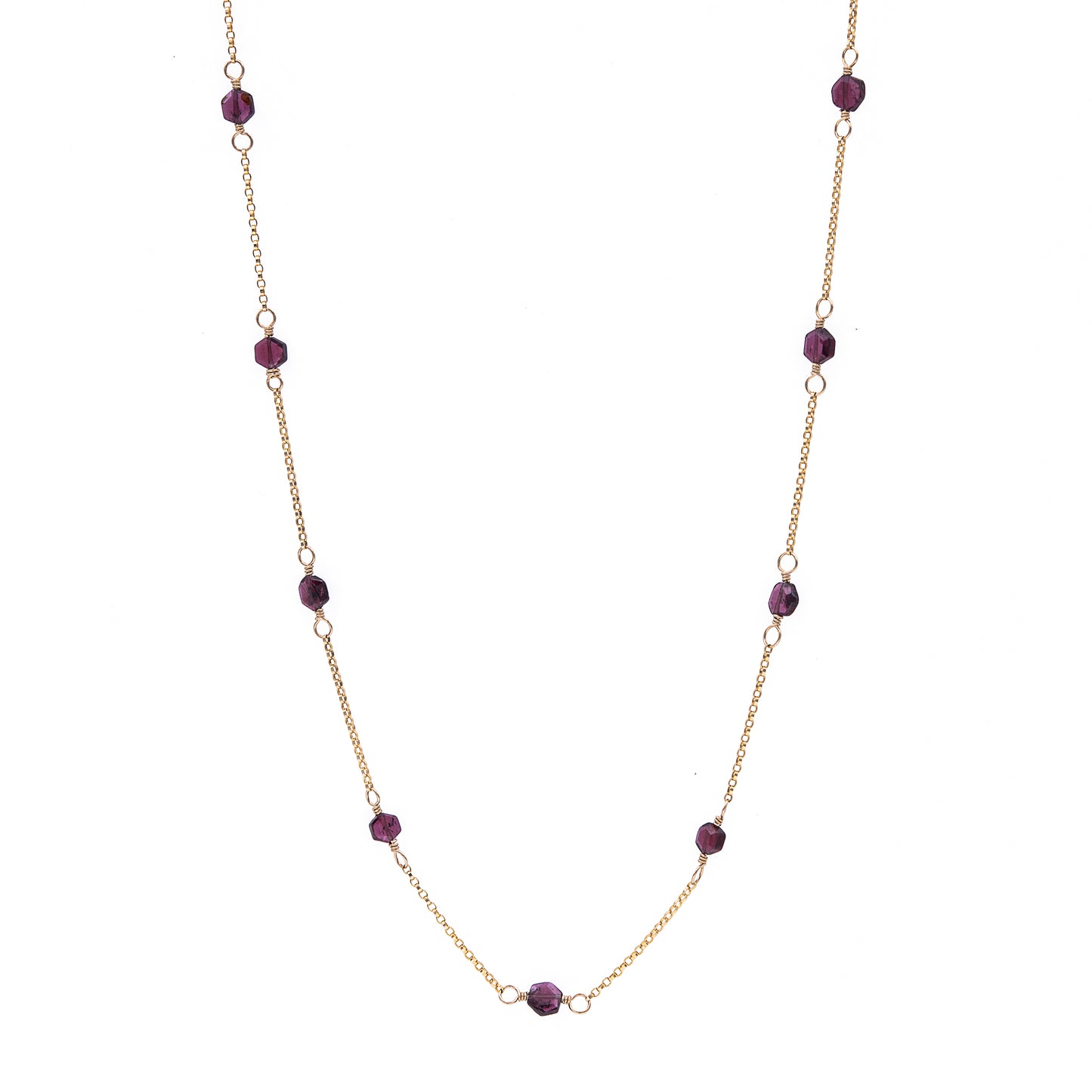 Zurina Ketola Handmade Beaded Gemstone Necklace Featuring Upcycled Garnet Hexagon Beads with 14K Gold Fill Details.  