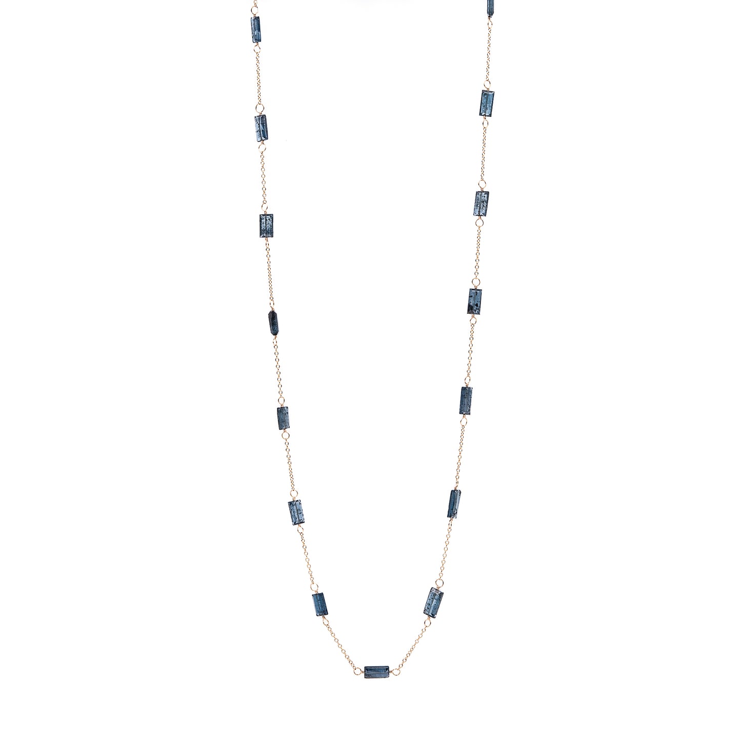 Zurina Ketola long moss aquamarine necklace in 14K gold fill shown long on white background.