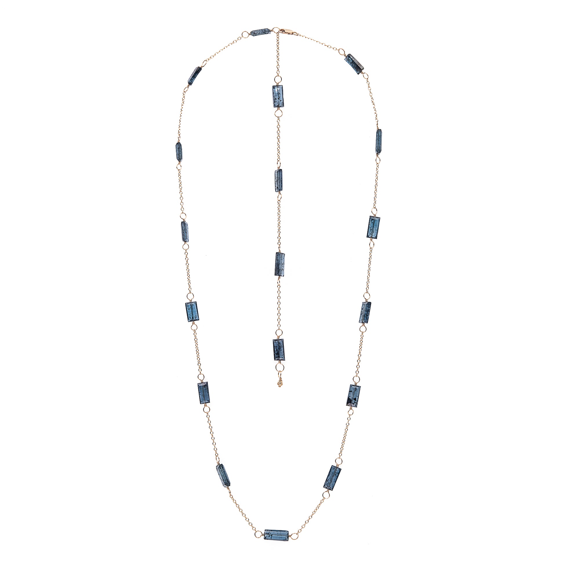 Zurina Ketola long moss aquamarine necklace in 14K gold fill shown as a shorter length with long chain and gemstone detail at clasp on white background.
