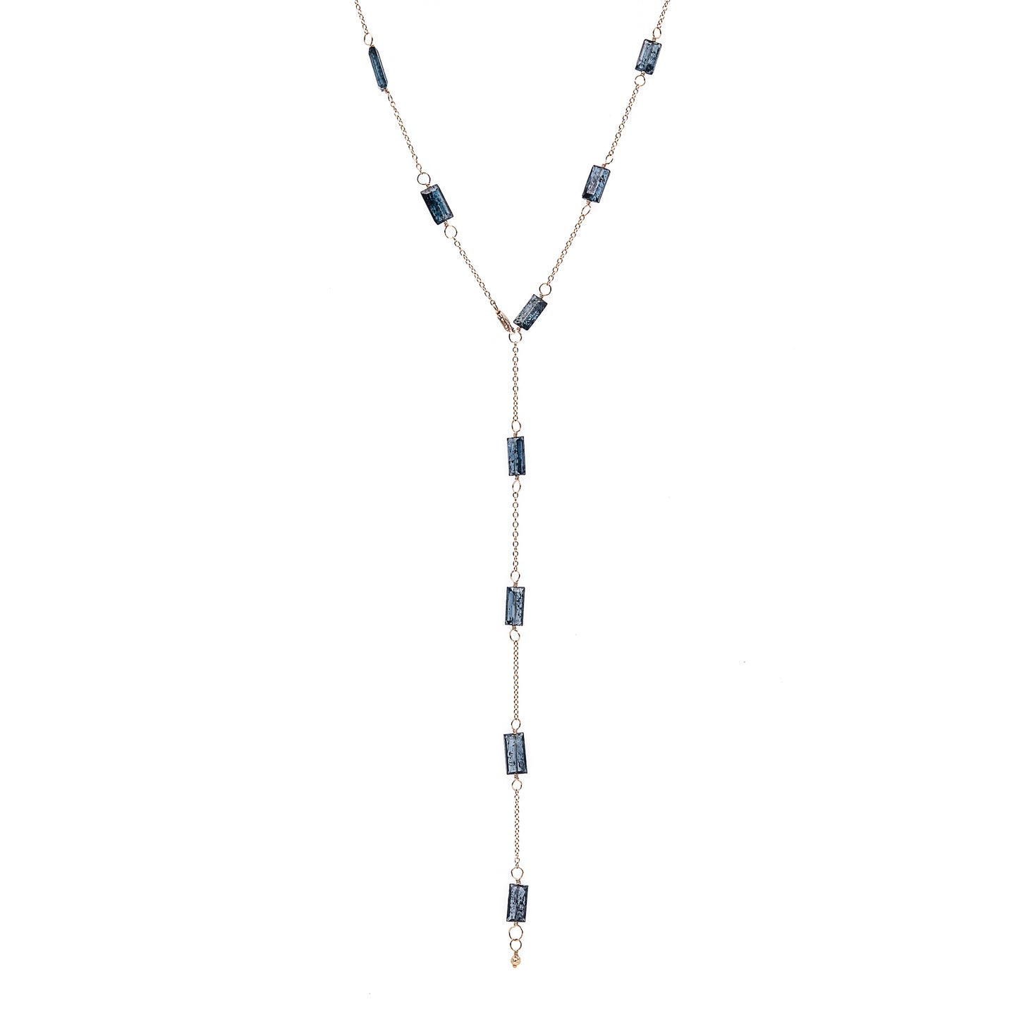 Zurina Ketola long moss aquamarine necklace in 14K gold fill shown as a y-necklace on white background.