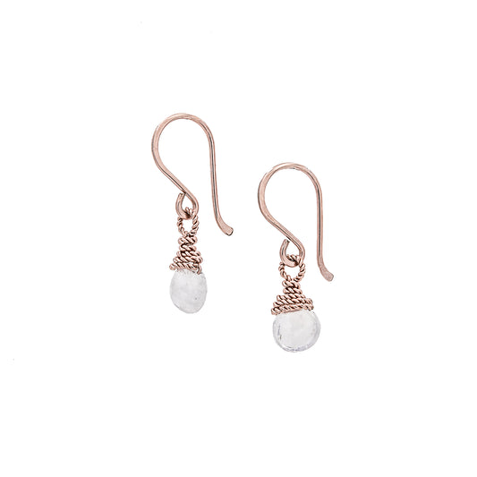 Zurina Ketola Rainbow Moonstone Delicate Drop Earrings in 14K Rose Gold Fill on White Background. 
