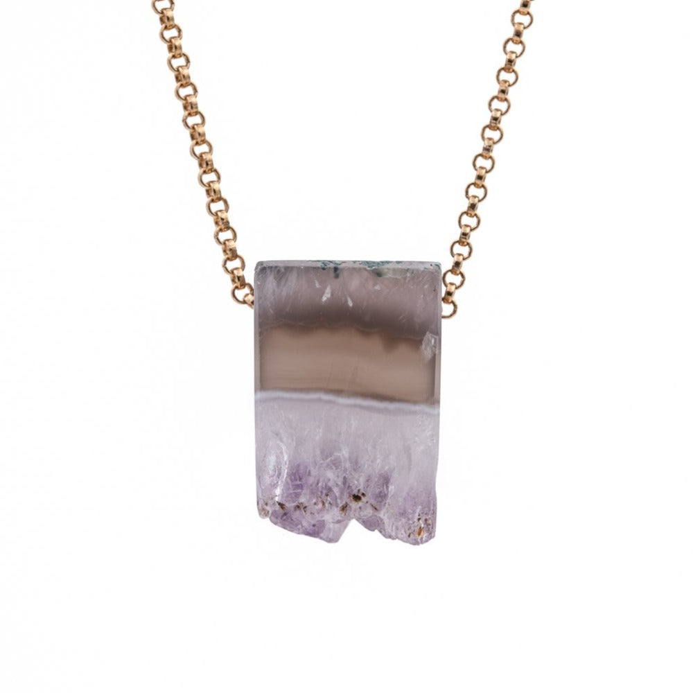 Zurina Ketola Handmade Necklaces. Amethyst Druzy Slice Necklace on Long 14K Gold Fill Rolo Chain. Close Up.