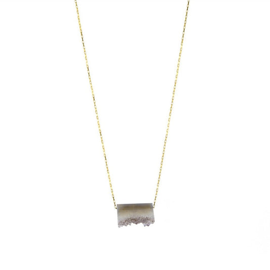 Zurina Ketola Designs Long Necklace featuring a one of a kind amethyst druzy slice pendant on 14K gold fill drawn cable chain on white background