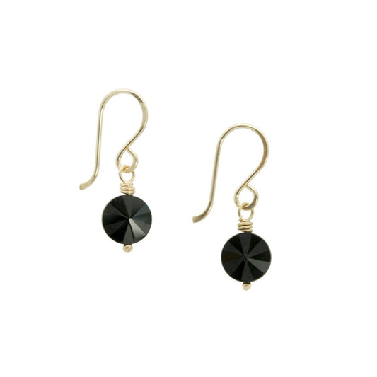 Zurina Ketola Designs black agate pinwheel drop earrings in 14K gold fill on white background