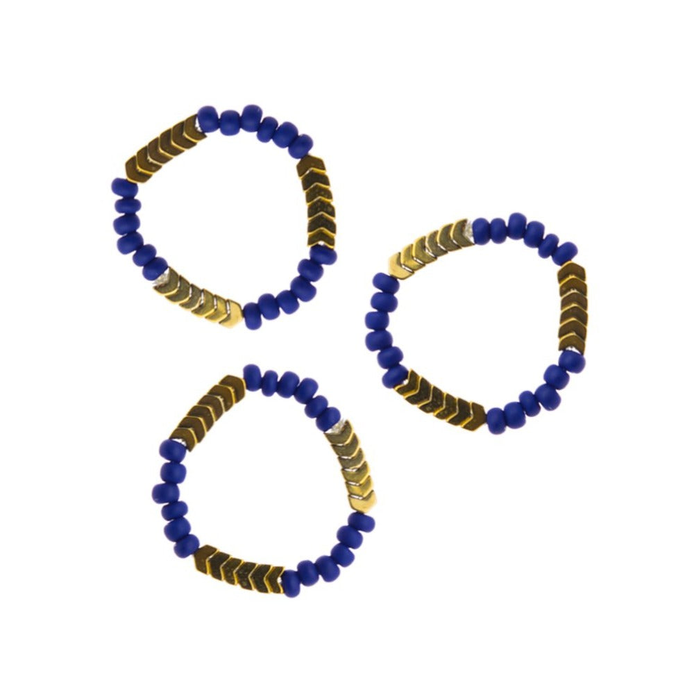 Zurina Ketola Handmade Beaded Stretch Ring. Handcrafted Beaded Stacking Ring. Zurina Ketola Beaded Stacking Rings Trio in Cobalt Blue.