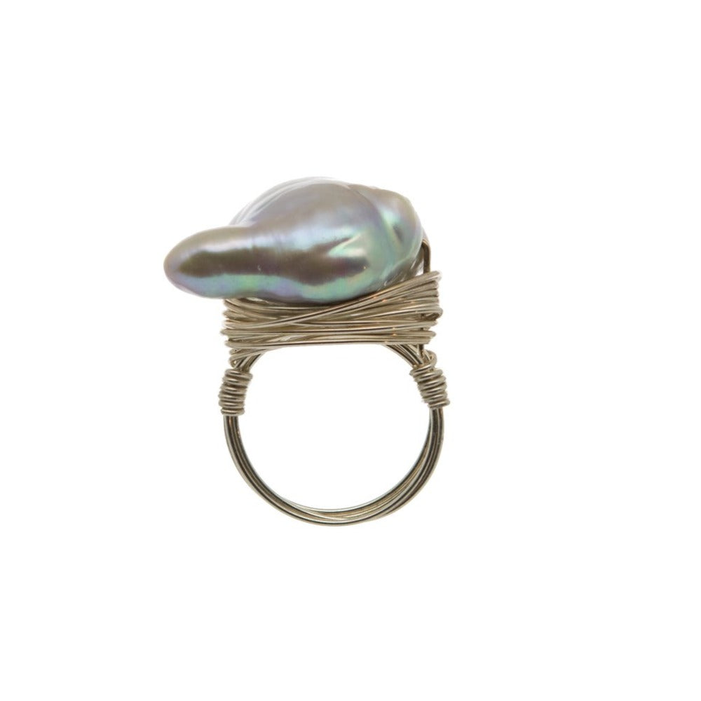 Zurina Ketola Designs Free Form gray pearl wire wrapped ring in sterling silver on white background.