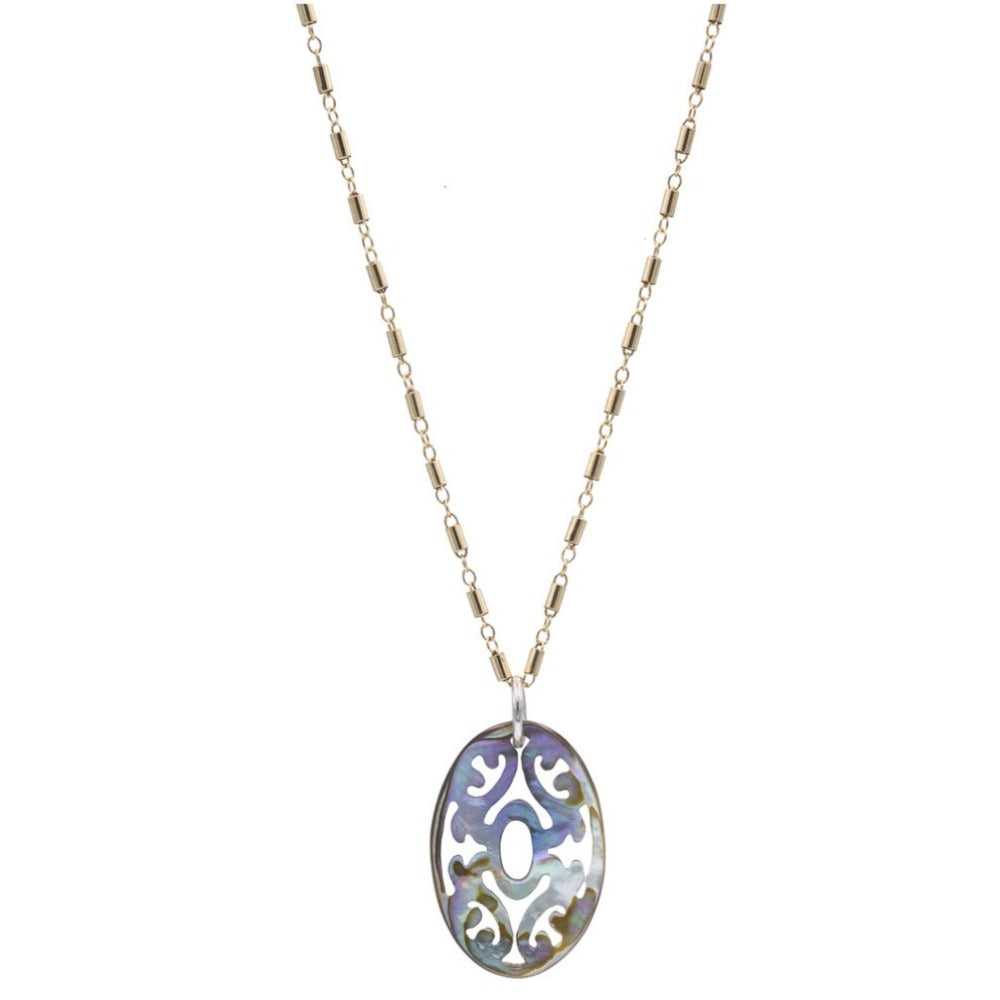 Zurina Ketola Designs Baroque Carved Abalone Necklace. Double sided. 14K Gold Fill with Sterling Silver Bail Detail.