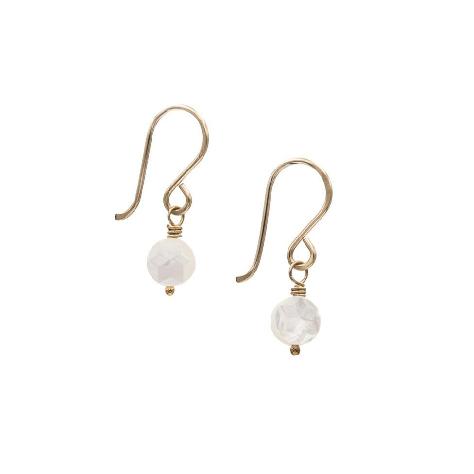 Zurina Ketola Handmade Earrings. Faceted Mother of Pearl Coin Earrings in 14K Gold Fill.