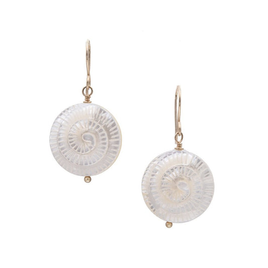 Zurina Ketola Handmade Earrings. Carved Mother of Pearl Spiral Earrings in 14K Gold Fill.