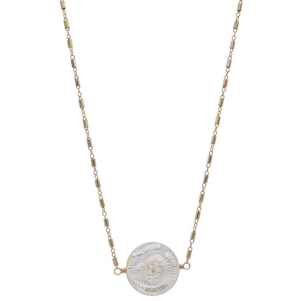Zurina Ketola Handmade Necklaces. Carved Mother of Pearl Spiral Necklace. Double sided. 14K Gold Fill.