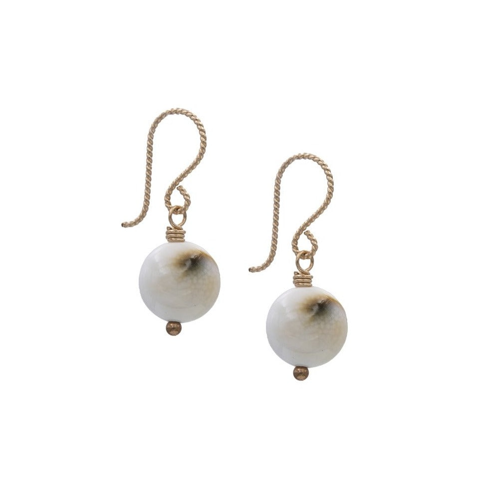 Zurina Ketola Designs Handmade Earrings. Shive Shell Sprial Drop Earrings in 14K Gold-Fill. Abstract Side.