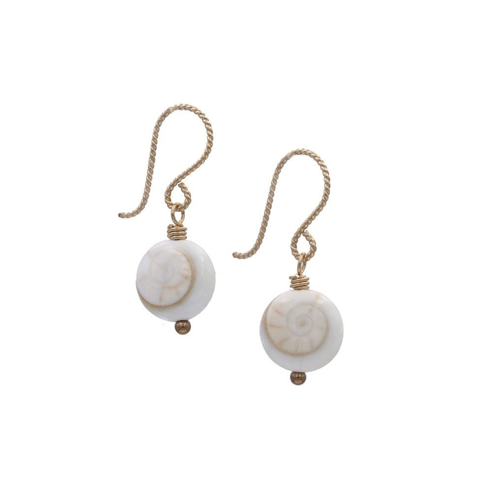 Zurina Ketola Designs Handmade Earrings. Shive Shell Sprial Drop Earrings in 14K Gold-Fill. Spiral Side.