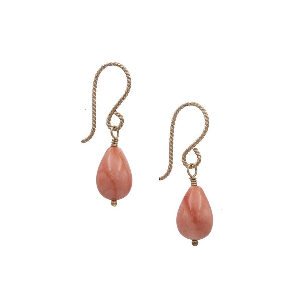 Zurina Ketola Designs Handmade Earrings. Smooth Angelskin Coral Drop Earrings in 14K Gold Fill.