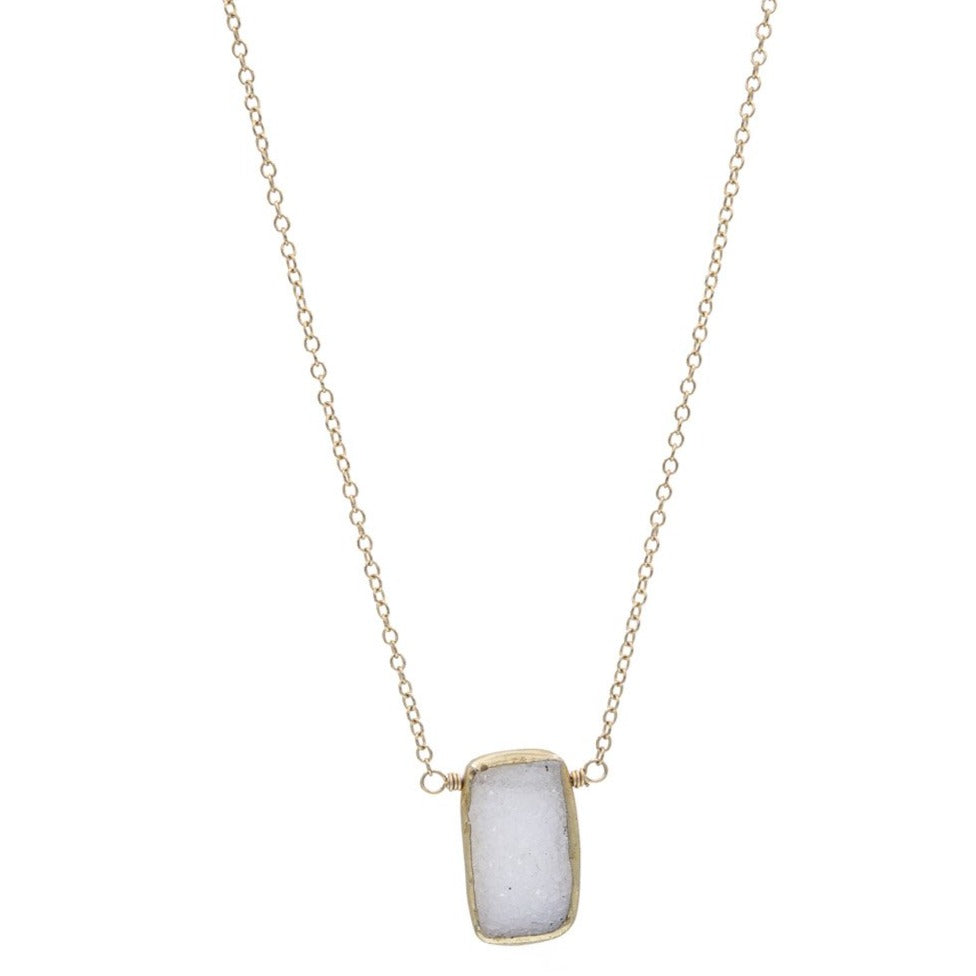 Zurina Ketola Designs Handmade Necklaces. Fine Druzy Tab Necklace in 14k gold fill with gold plated details.