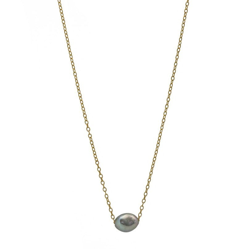 Zurina Ketola gray pearl necklace on 14K gold fill chain on white background