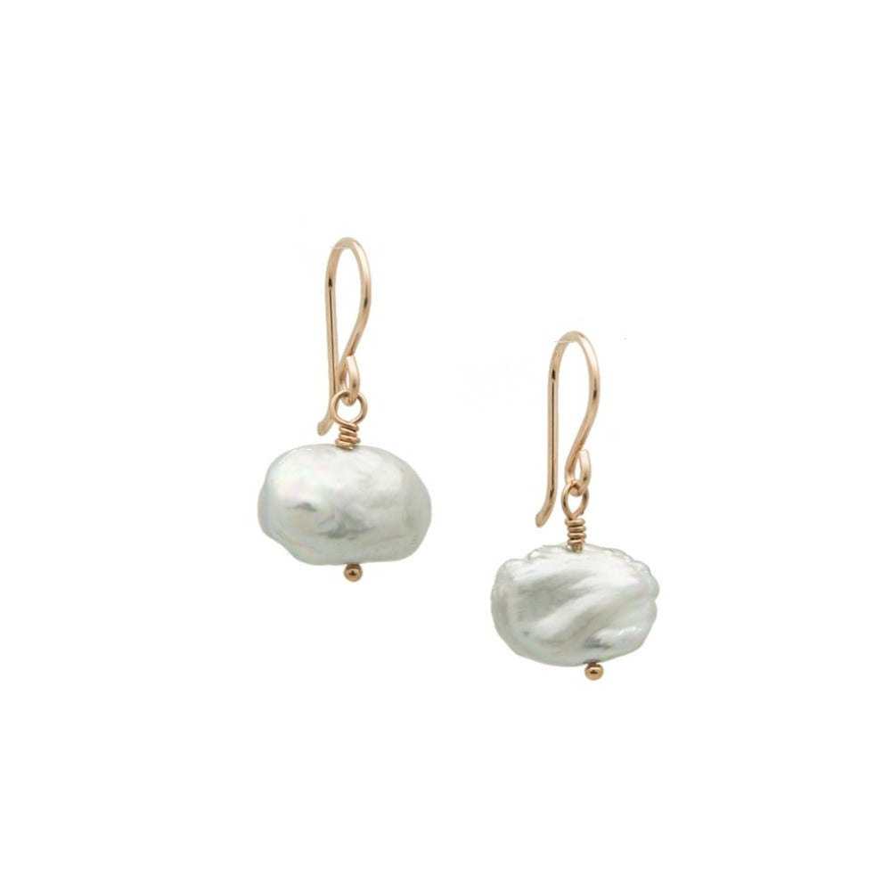 Zurina Ketola Designs free form freshwater pearl drop earrings in 14K rose gold fill on white background
