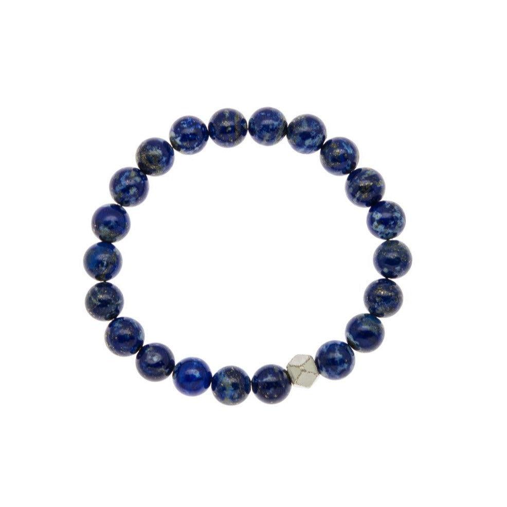 Zurina Ketola stretch mala inspired bracelet featuring lapiz lazuli and silver plated geometric copper detail